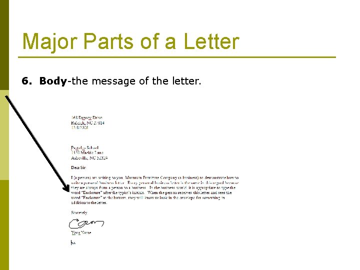 Major Parts of a Letter 6. Body-the message of the letter. 