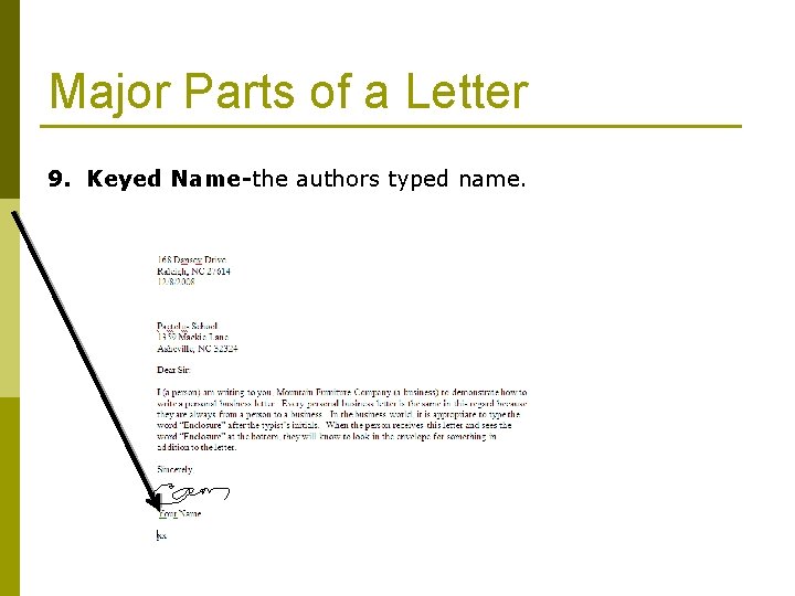 Major Parts of a Letter 9. Keyed Name-the authors typed name. 
