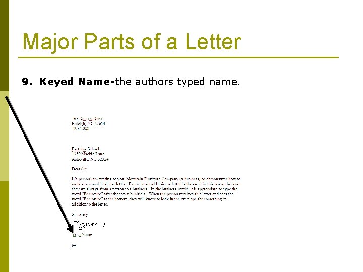 Major Parts of a Letter 9. Keyed Name-the authors typed name. 