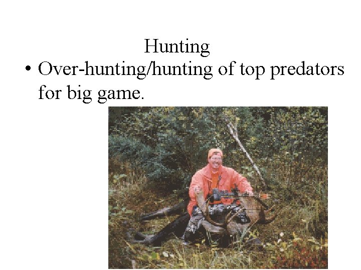 Hunting • Over-hunting/hunting of top predators for big game. 