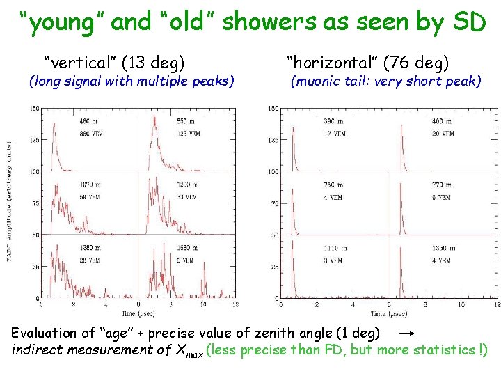 “young” and “old” showers as seen by SD “vertical” (13 deg) (long signal with