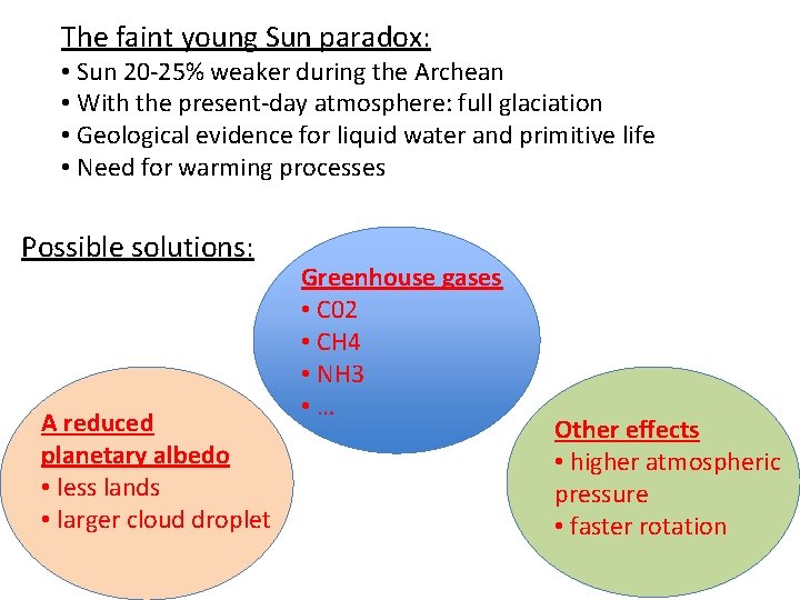 The faint young Sun paradox: • Sun 20 -25% weaker during the Archean •