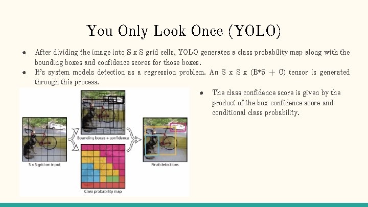 You Only Look Once (YOLO) ● ● After dividing the image into S x