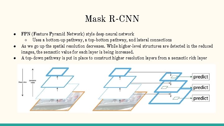 Mask R-CNN ● ● ● FPN (Feature Pyramid Network) style deep neural network ○