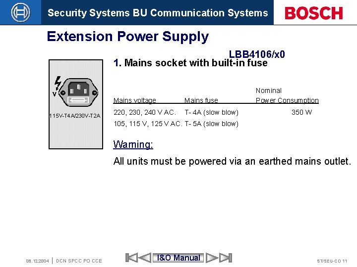 Security Systems BU Communication Systems Extension Power Supply LBB 4106/x 0 1. Mains socket