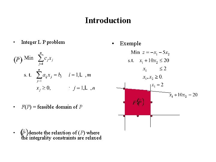 Introduction • Integer L P problem • F(P) = feasible domain of P •