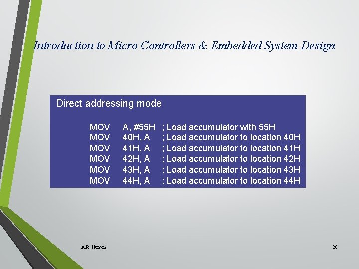 Introduction to Micro Controllers & Embedded System Design Direct addressing mode MOV MOV MOV