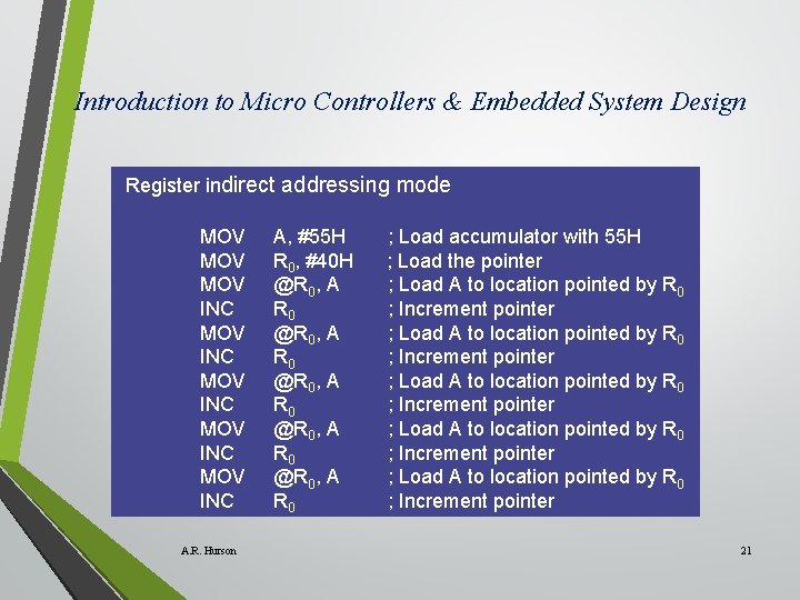 Introduction to Micro Controllers & Embedded System Design Register indirect addressing mode MOV MOV