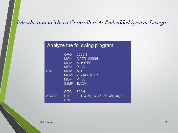 Introduction to Micro Controllers & Embedded System Design Analyze the following program BACK: XSQRT: