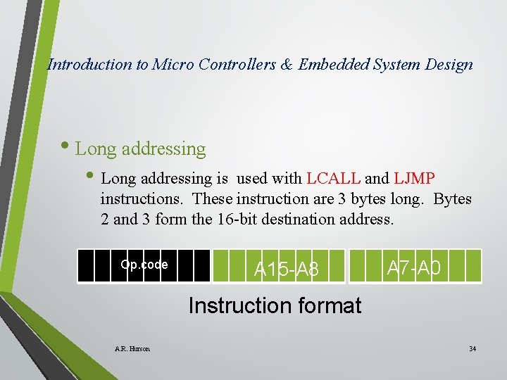 Introduction to Micro Controllers & Embedded System Design • Long addressing is used with