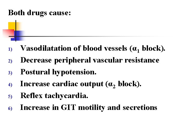Both drugs cause: 1) 2) 3) 4) 5) 6) Vasodilatation of blood vessels (α