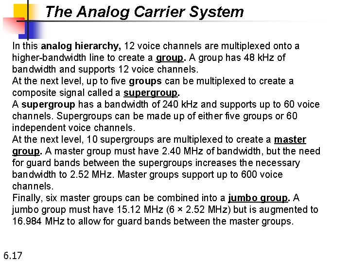 The Analog Carrier System In this analog hierarchy, 12 voice channels are multiplexed onto