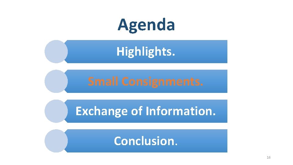 Agenda Highlights. Small Consignments. Exchange of Information. Conclusion. 16 