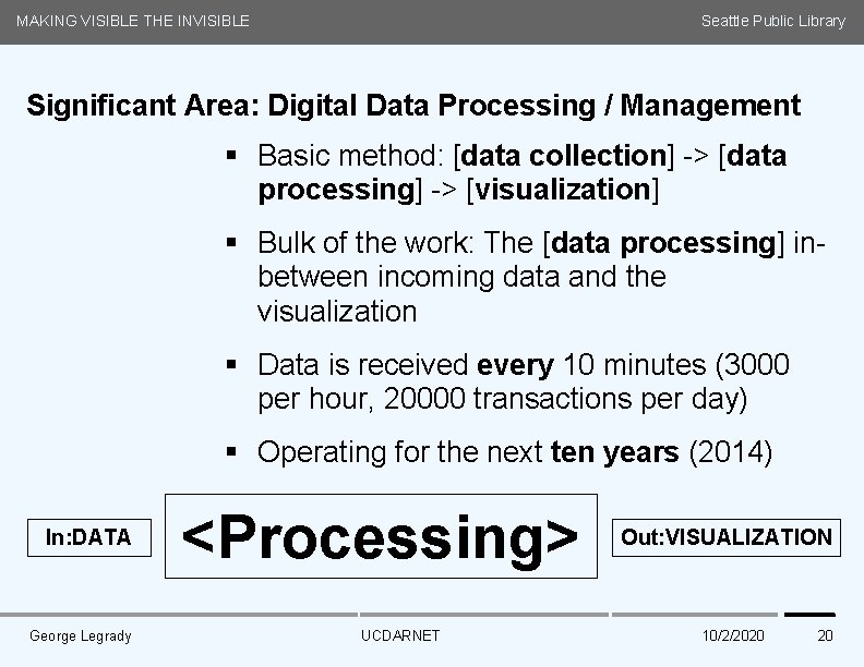 MAKING VISIBLE THE INVISIBLE Seattle Public Library Significant Area: Digital Data Processing / Management