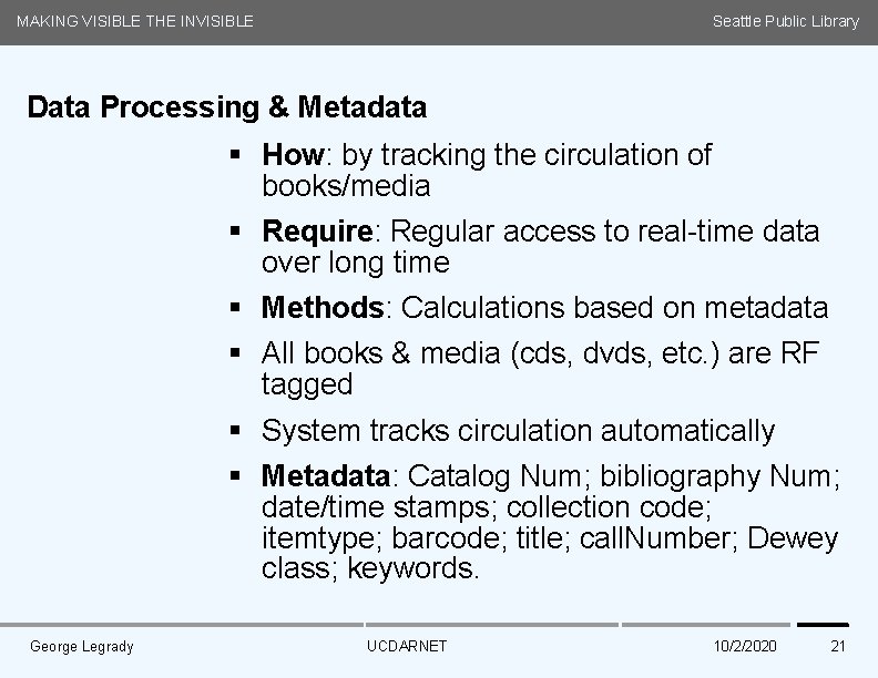 MAKING VISIBLE THE INVISIBLE Seattle Public Library Data Processing & Metadata Media Arts and