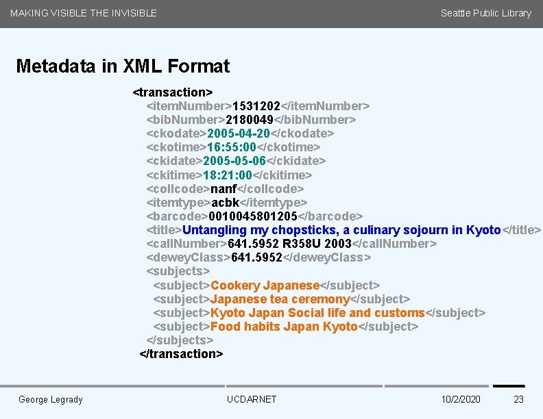 MAKING VISIBLE THE INVISIBLE Seattle Public Library Metadata in XML Format <transaction> <item. Number>1531202</item.