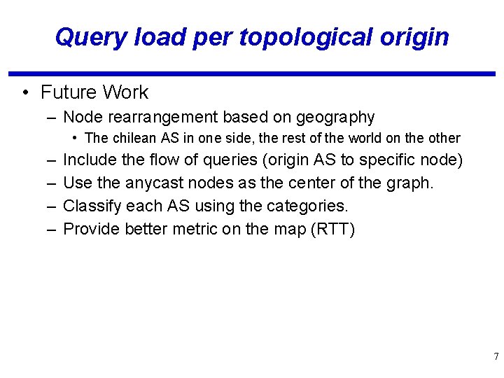 Query load per topological origin • Future Work – Node rearrangement based on geography