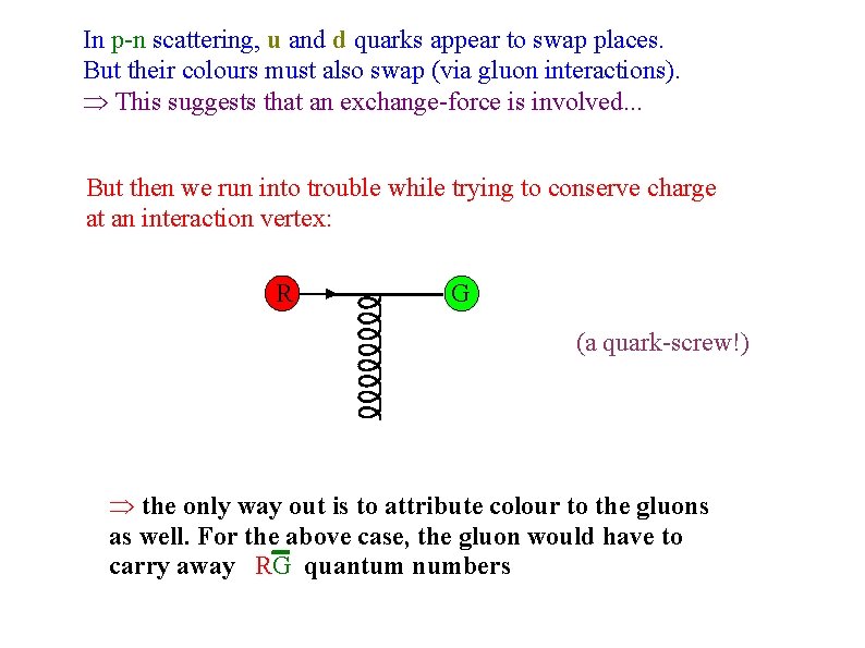 In p-n scattering, u and d quarks appear to swap places. But their colours