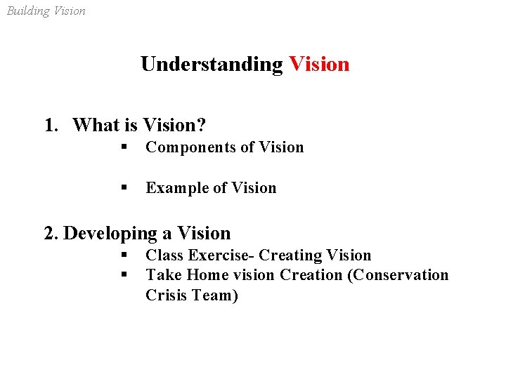 Building Vision Understanding Vision 1. What is Vision? § Components of Vision § Example