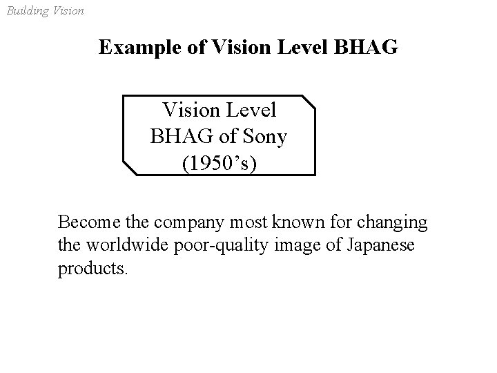 Building Vision Example of Vision Level BHAG of Sony (1950’s) Become the company most