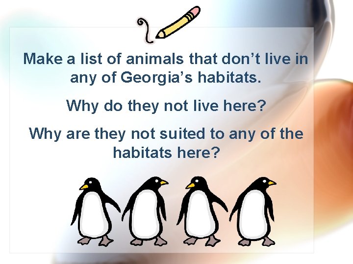 Make a list of animals that don’t live in any of Georgia’s habitats. Why