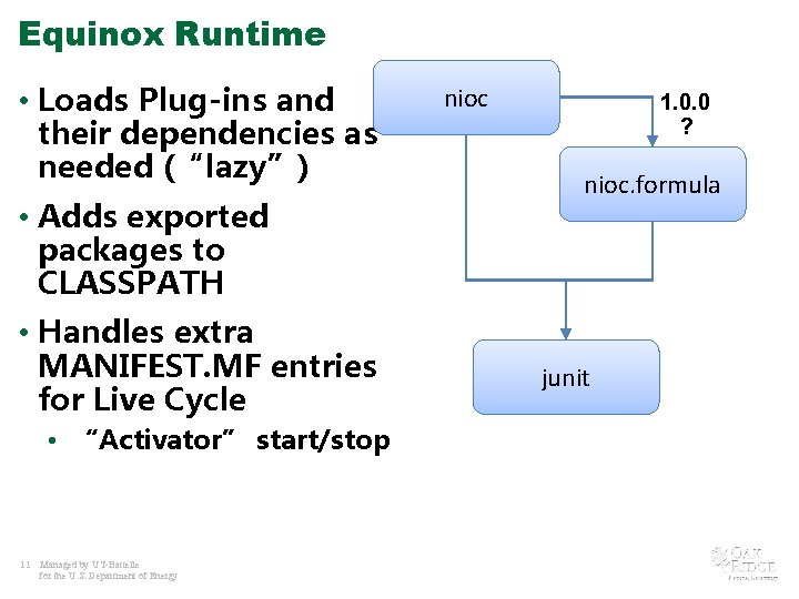 Equinox Runtime • Loads Plug-ins and their dependencies as needed (“lazy”) • Adds exported