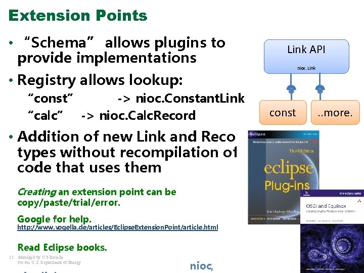 Extension Points • “Schema” allows plugins to provide implementations Link API nioc. Link •