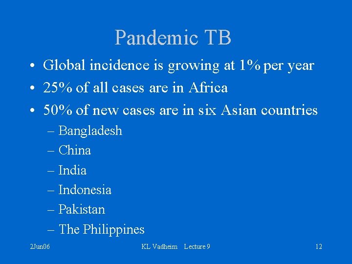 Pandemic TB • Global incidence is growing at 1% per year • 25% of