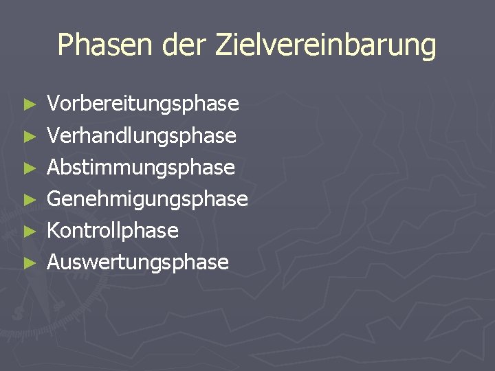 Phasen der Zielvereinbarung ► Vorbereitungsphase ► Verhandlungsphase ► Abstimmungsphase ► Genehmigungsphase ► Kontrollphase ►