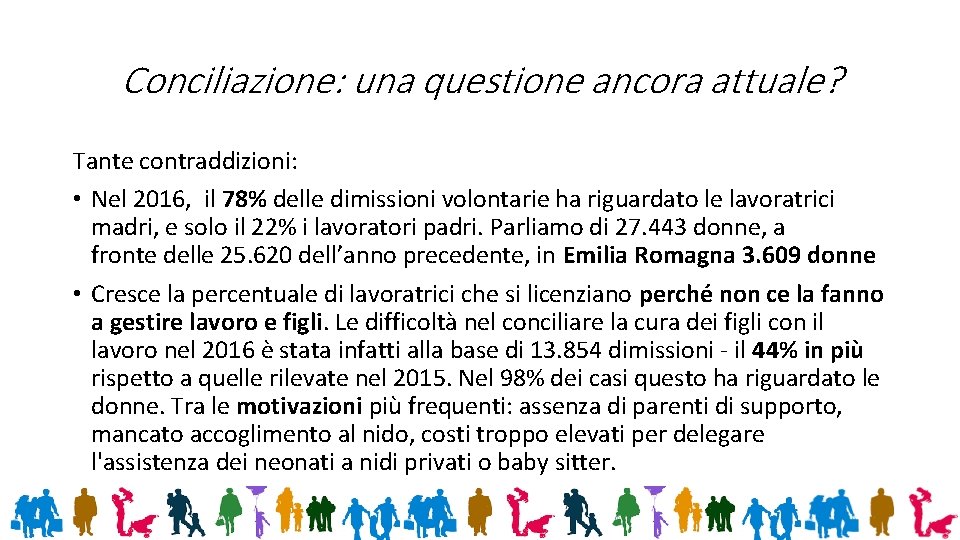 Conciliazione: una questione ancora attuale? Tante contraddizioni: • Nel 2016, il 78% delle dimissioni