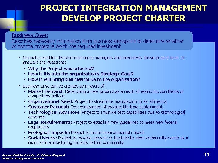 PROJECT INTEGRATION MANAGEMENT DEVELOP PROJECT CHARTER Business Case: Describes necessary information from business standpoint
