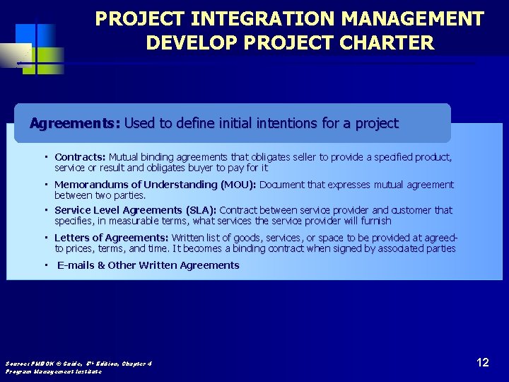 PROJECT INTEGRATION MANAGEMENT DEVELOP PROJECT CHARTER Agreements: Used to define initial intentions for a