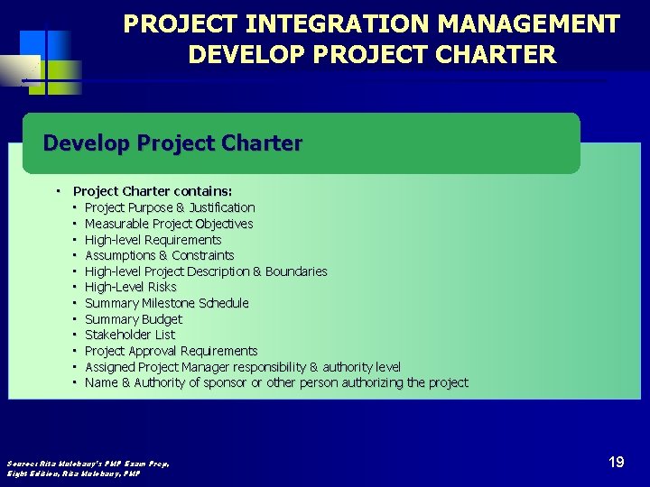 PROJECT INTEGRATION MANAGEMENT DEVELOP PROJECT CHARTER Develop Project Charter • Project Charter contains: •
