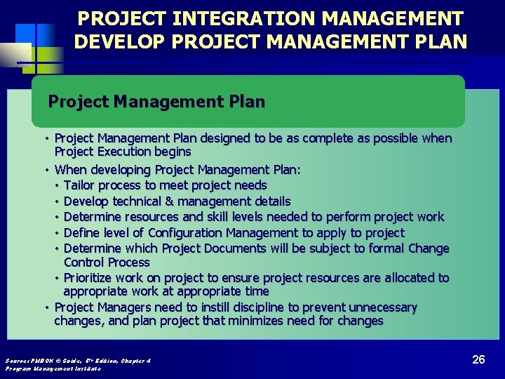 PROJECT INTEGRATION MANAGEMENT DEVELOP PROJECT MANAGEMENT PLAN Project Management Plan • Project Management Plan