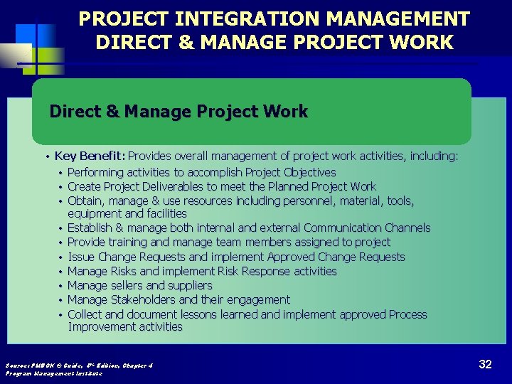 PROJECT INTEGRATION MANAGEMENT DIRECT & MANAGE PROJECT WORK Direct & Manage Project Work •