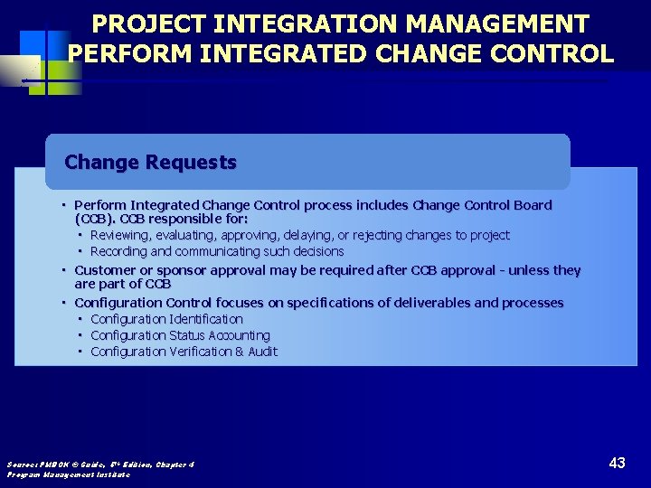 PROJECT INTEGRATION MANAGEMENT PERFORM INTEGRATED CHANGE CONTROL Change Requests • Perform Integrated Change Control