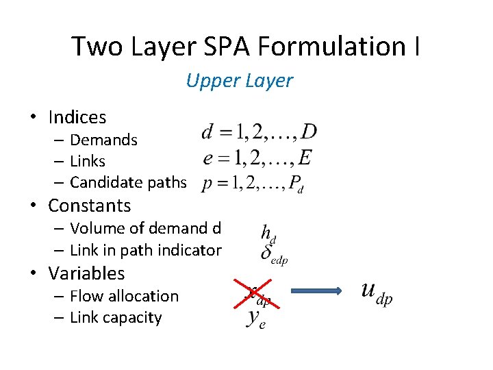 Two Layer SPA Formulation I Upper Layer • Indices – Demands – Links –