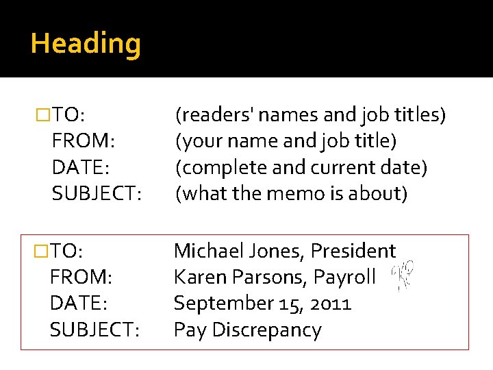 Heading �TO: (readers' names and job titles) (your name and job title) (complete and