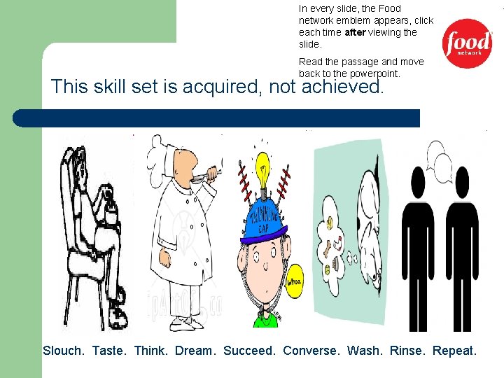 In every slide, the Food network emblem appears, click each time after viewing the