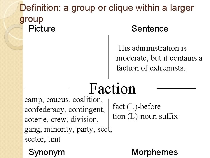 Definition: a group or clique within a larger group Picture Sentence His administration is