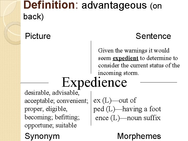 Definition: advantageous (on back) Picture Sentence Given the warnings it would seem expedient to