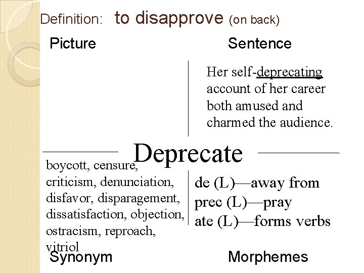 Definition: Picture to disapprove (on back) Sentence Her self-deprecating account of her career both