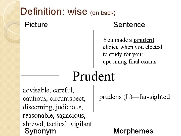 Definition: wise (on back) Picture Sentence You made a prudent choice when you elected