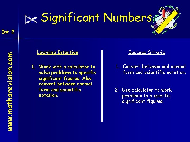 Significant Numbers www. mathsrevision. com Int 2 Learning Intention 1. Work with a calculator
