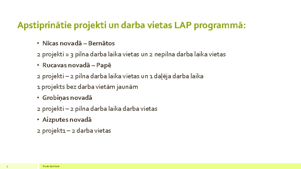 Apstiprinātie projekti un darba vietas LAP programmā: • Nīcas novadā – Bernātos 2 projekti