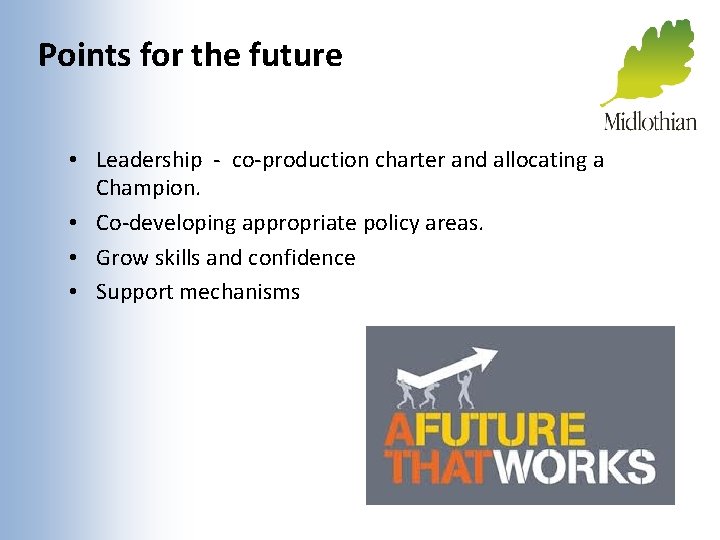 Points for the future • Leadership - co-production charter and allocating a Champion. •