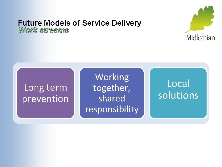 Future Models of Service Delivery Work streams Long term prevention Working together, shared responsibility