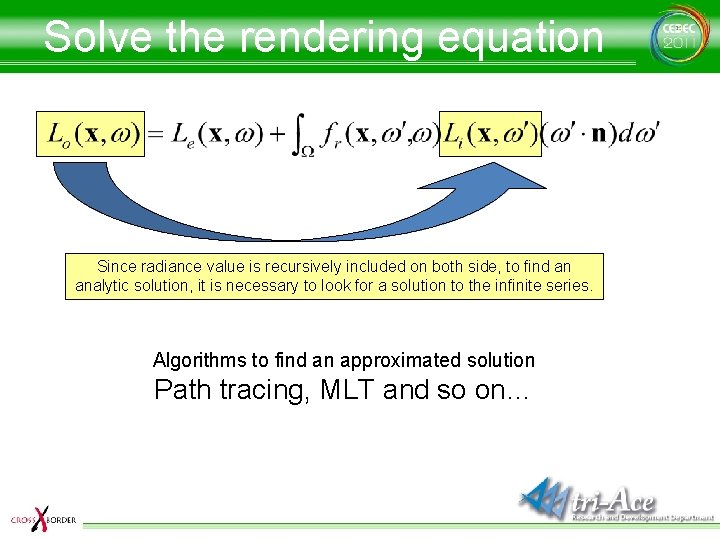 Solve the rendering equation Since radiance value is recursively included on both side, to