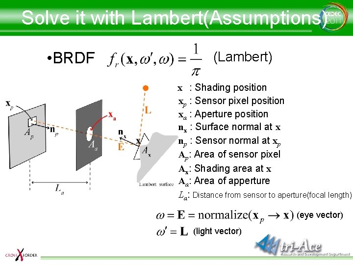 Solve it with Lambert(Assumptions) • BRDF (Lambert) x : Shading position xp : Sensor
