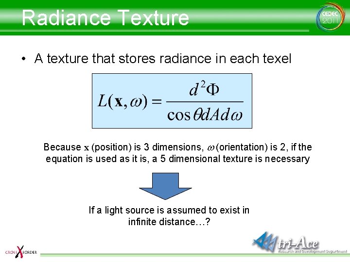 Radiance Texture • A texture that stores radiance in each texel Because x (position)